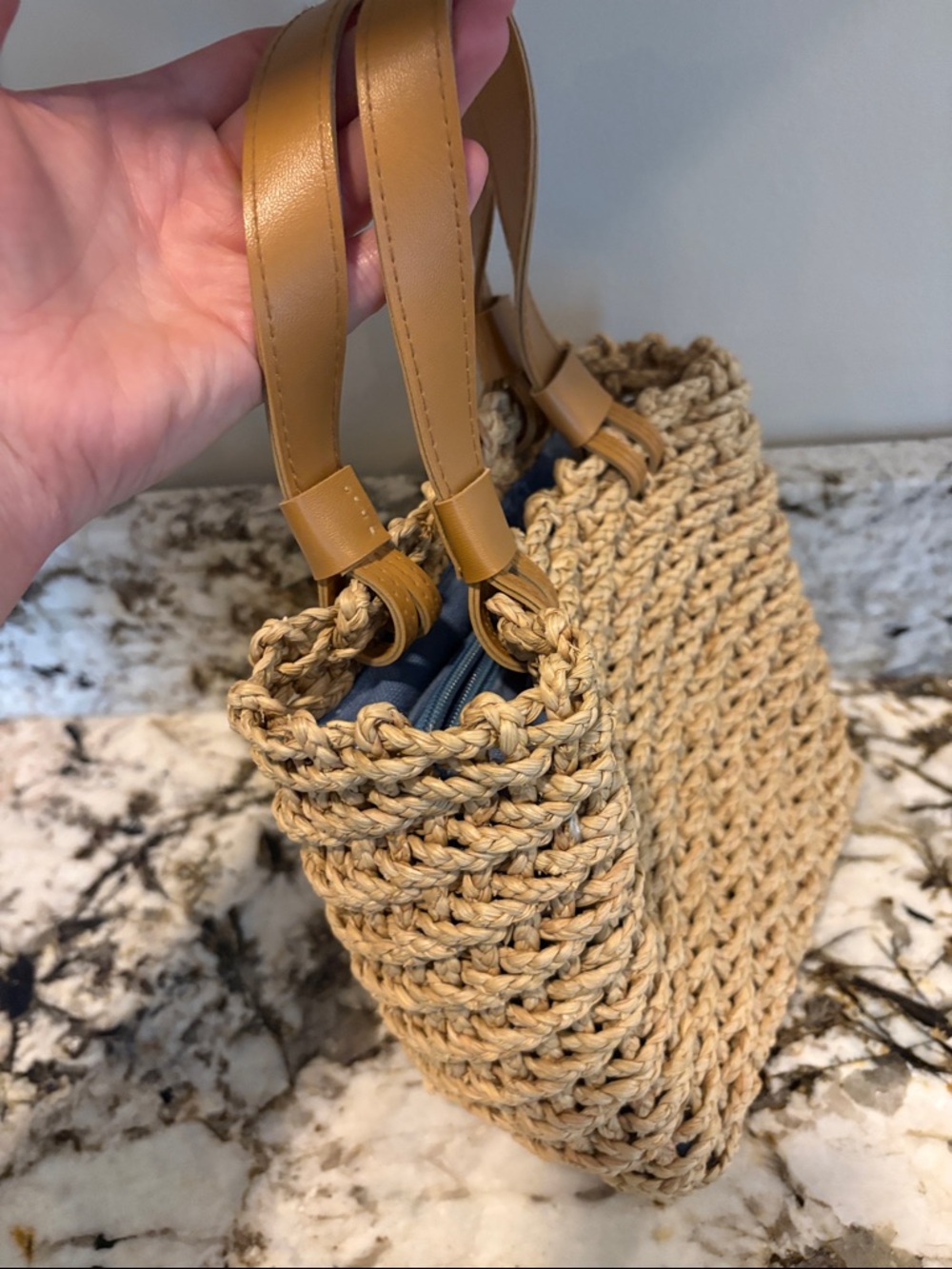 Woven Straw Tote Bag with Tan Leather Handles - Picture 2 of 7